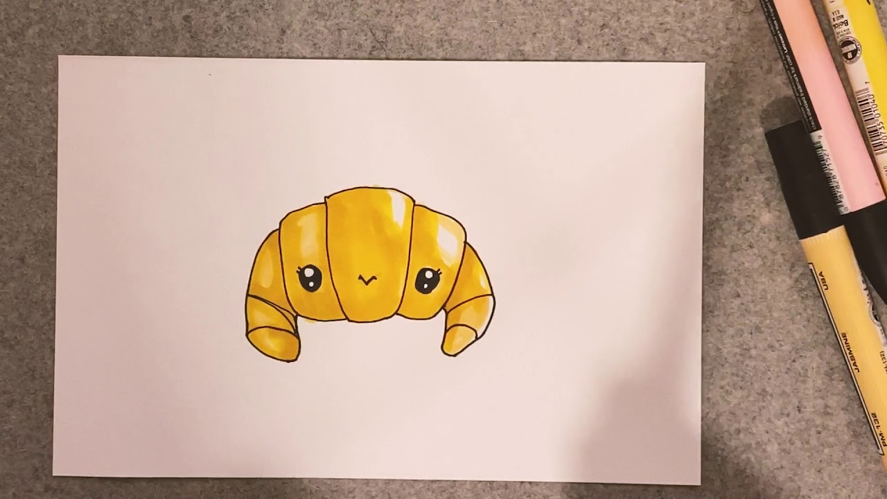 How to draw a cute simple croissant, kawaii style, adorable eyes