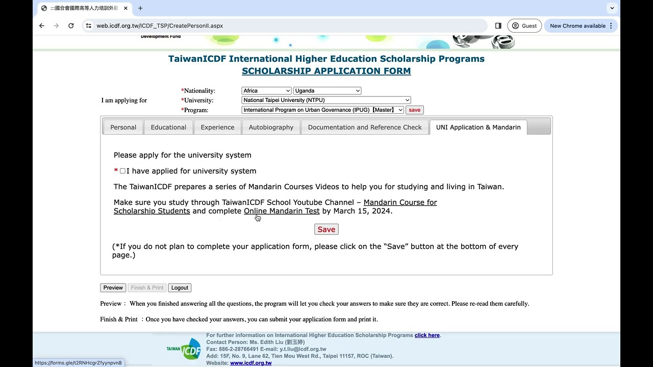 How to Fill in the ICDF Taiwan Scholarship for Master's Students: Step by Step Walk Through