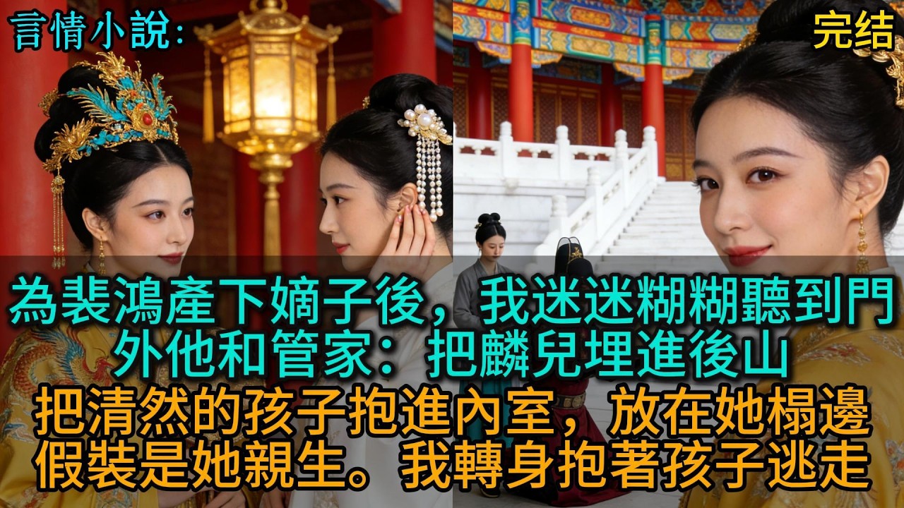 為裴鴻產下嫡子後，我迷迷糊糊聽到門外他和管家：把麟兒埋進後山，把清然的孩子抱進內室，放在她榻邊，假裝是她親生。我轉身抱著孩子逃走