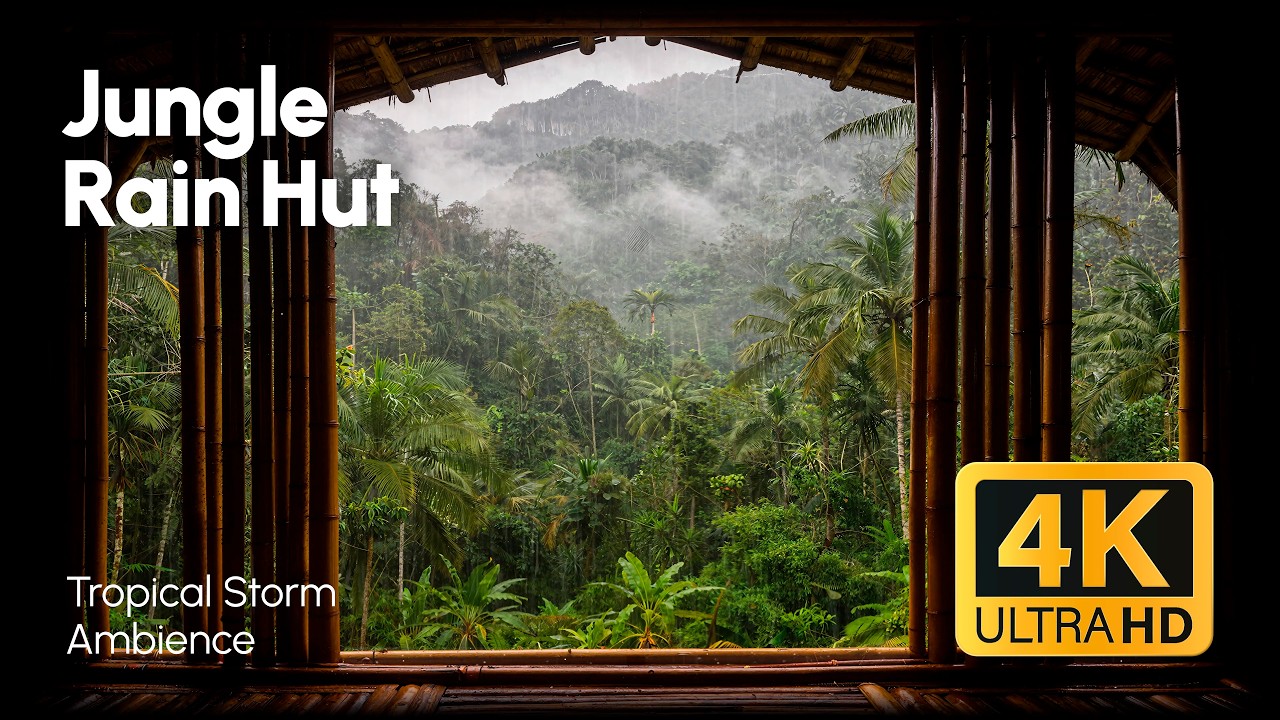 Heavy Tropical Rain & Thunder | View from Bamboo Hut in the Jungle Mountains (4K Ambience)