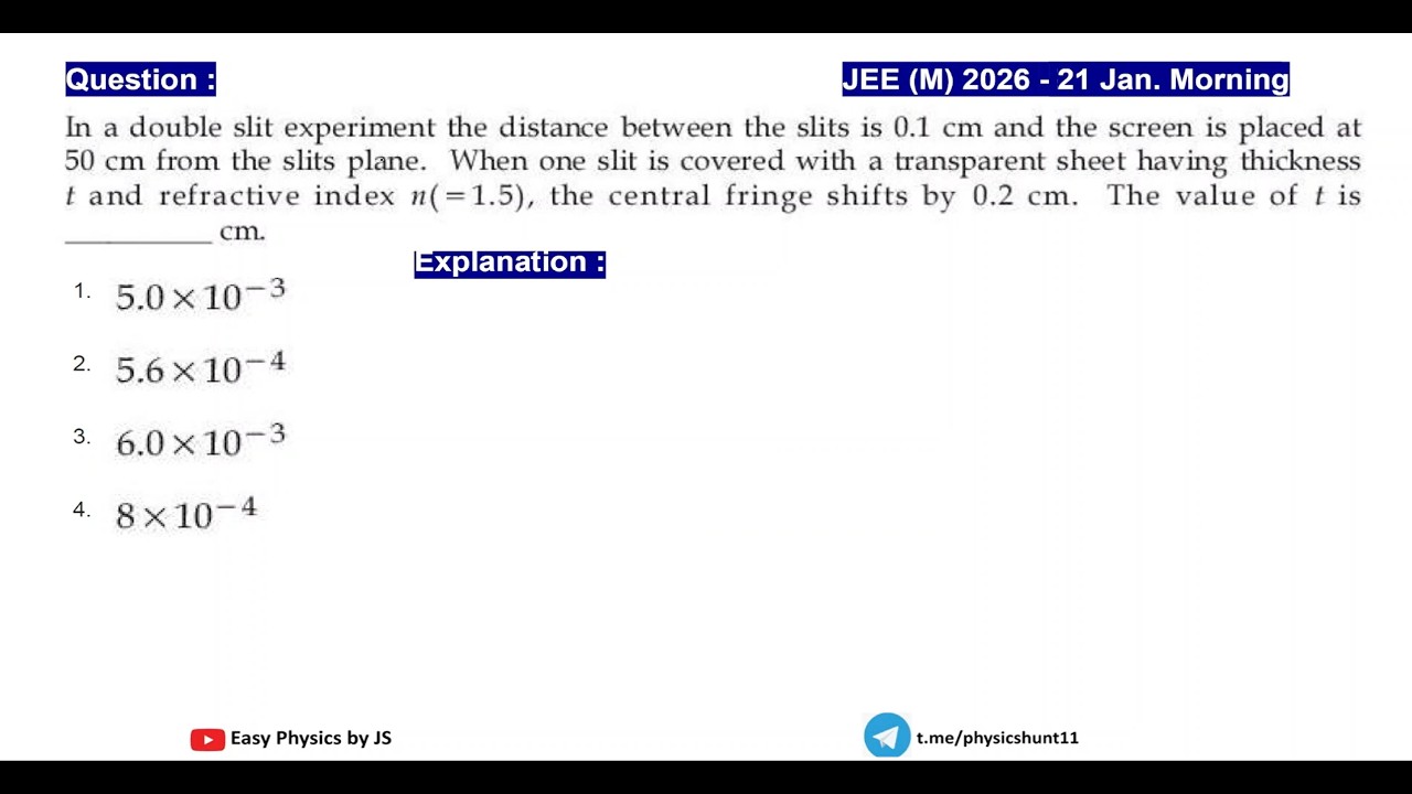 YDSE – Central Fringe Shift Due to Thin Sheet I JEE(M) 2026 (21 Jan Mor.)