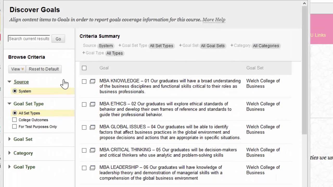 Adding an alignment to a goal in Blackboard Outcomes