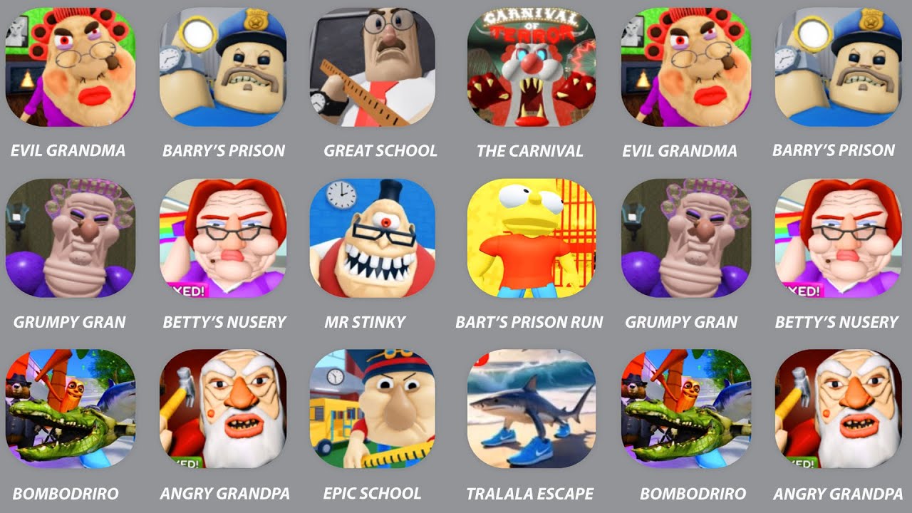 ROBLO: ESCAPE EVIL GRANDMA,BARRY'S PRISON RUN,ESCAPE MR. STINKY DETENTION,TRALALERO TRALALA ESCAPE