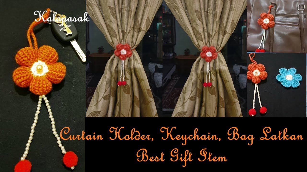 Flower with Tunisian Crochet, Curtain Holder, Keychain, Bag Latkan, Decorator, Gift Item(Eng Sub)