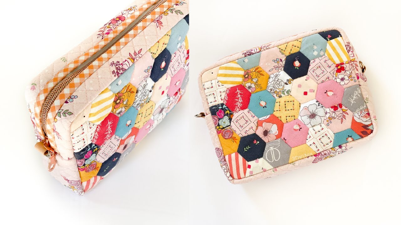 Hexagon block pouch | Quilted Zipper Pouch | Boxy Cross Bag Tutorial | English Paper Piecing