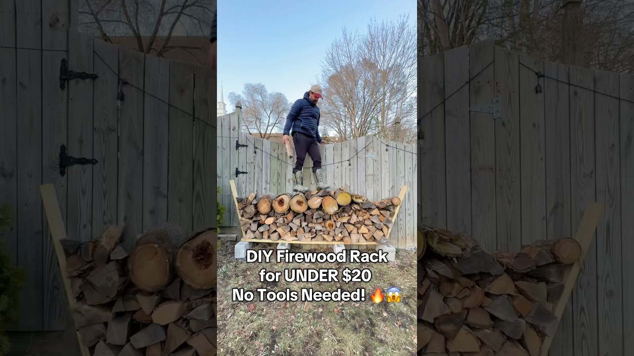 How to build DIY firewood rack for under $20. No tools required. #diy #wood #firewood #nature