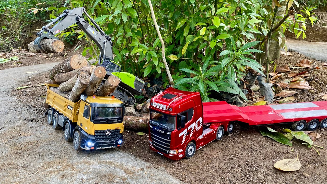 Aksi #31 Dump Truk RC Huina 1536 Muatan Kayu Pinus Bahan Bangunan, Excavator Besar Huina 1593 