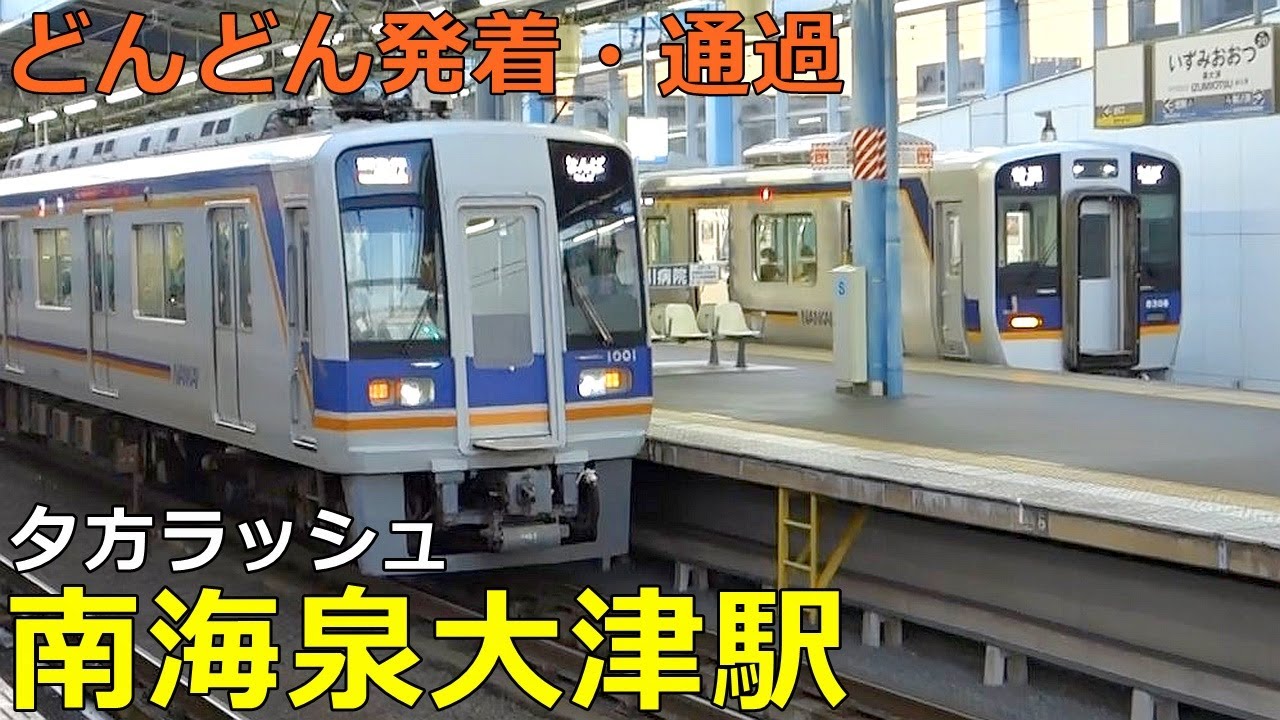 南海泉大津駅🚃どんどん電車が発着・通過！●夕方ラッシュ 南海本線／特急サザン・ラピート、急行、回送 等