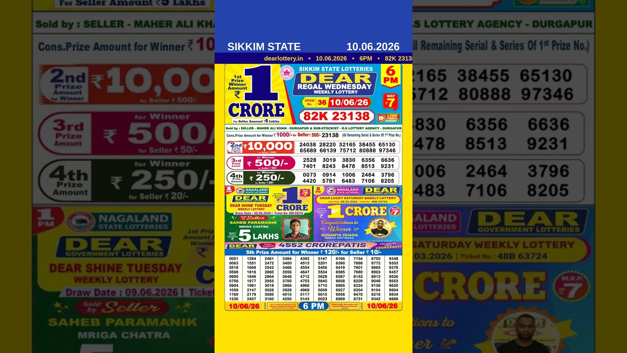 DEAR LOTTERY 6 PM, SIKKIM RESULT TODAY | LOTTERY SAMBAD