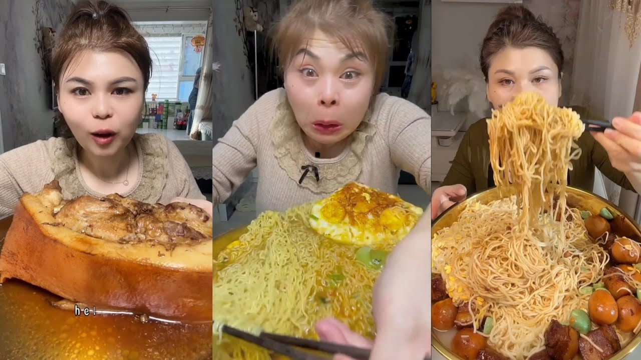 Mukbang #: Eat pig brain belly pork, Fried skewers #noodles #pork #delicious #cook