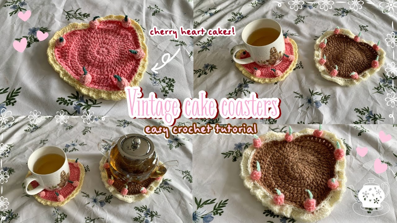 How to crochet vintage heart cake coasters (no magic ring) 🍒🍰| pinterest viral | thisfairymade