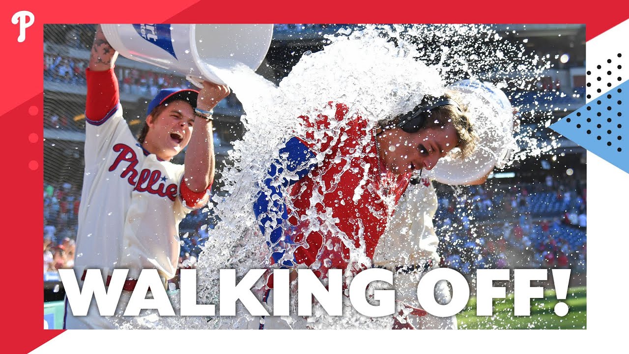WALK OFF! Bryson Stott gets postgame gatorade bath from Bryce Harper after walk off 3-run home run