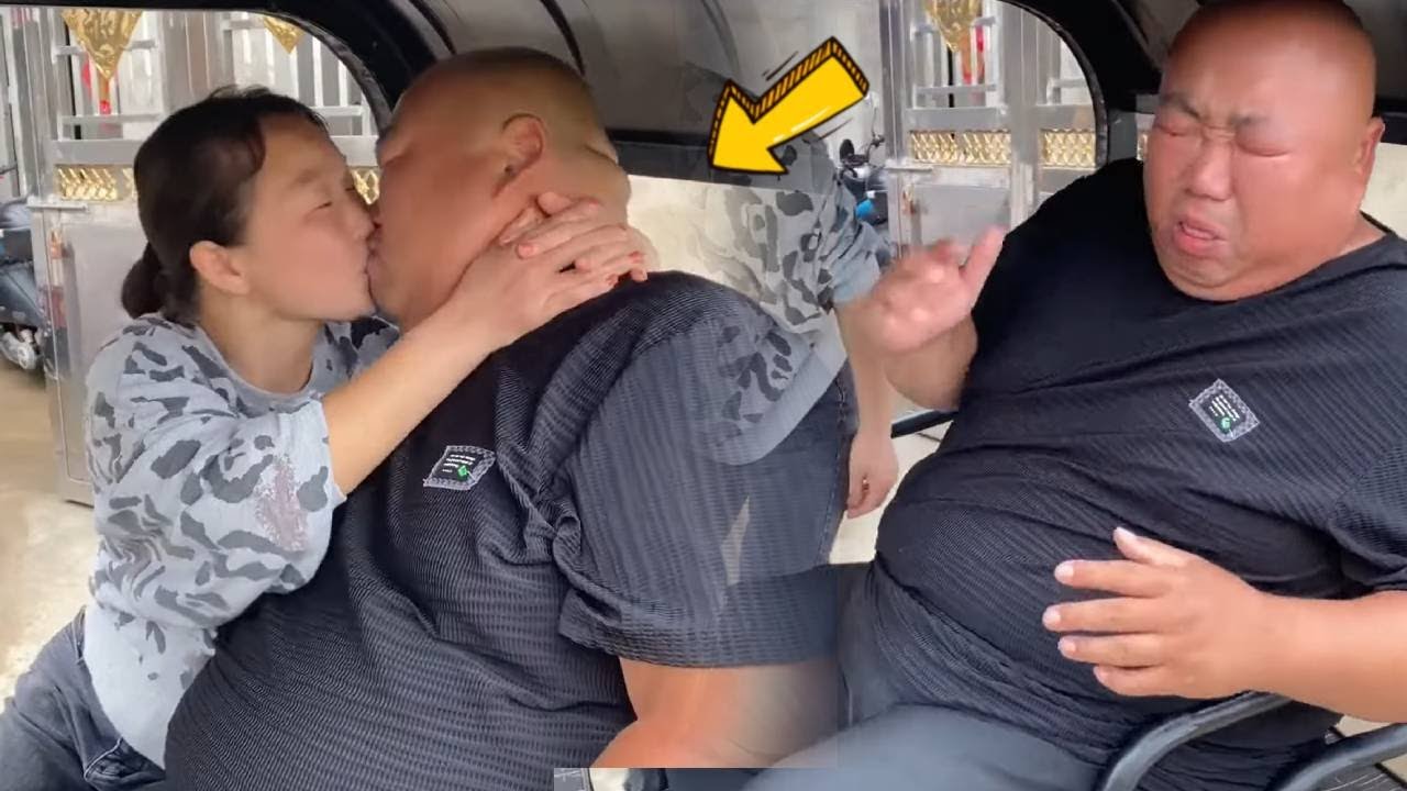 The fat man just kissed his wife and then he was disgusted