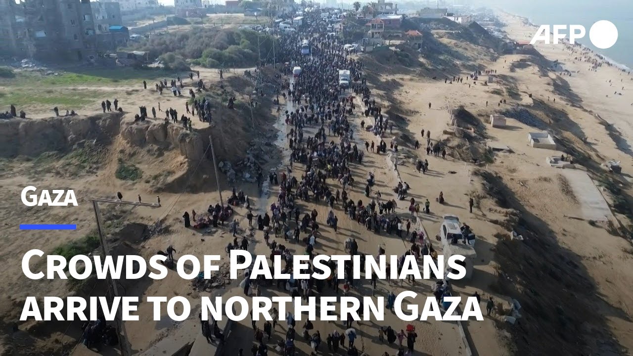Aerial images show displaced Palestinians arriving to northern Gaza | AFP