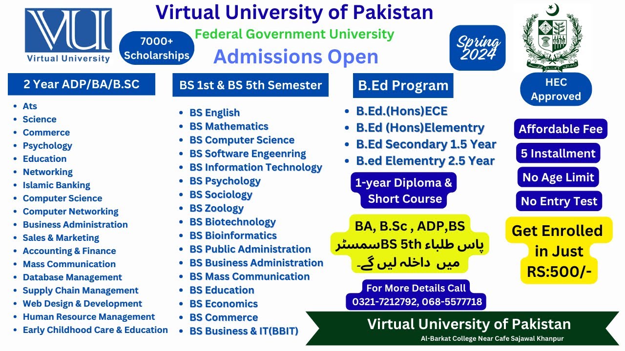 Spring 2024 Admissions Open | Virtual University of Pakistan | Khanpur Campus | 0321-7212792
