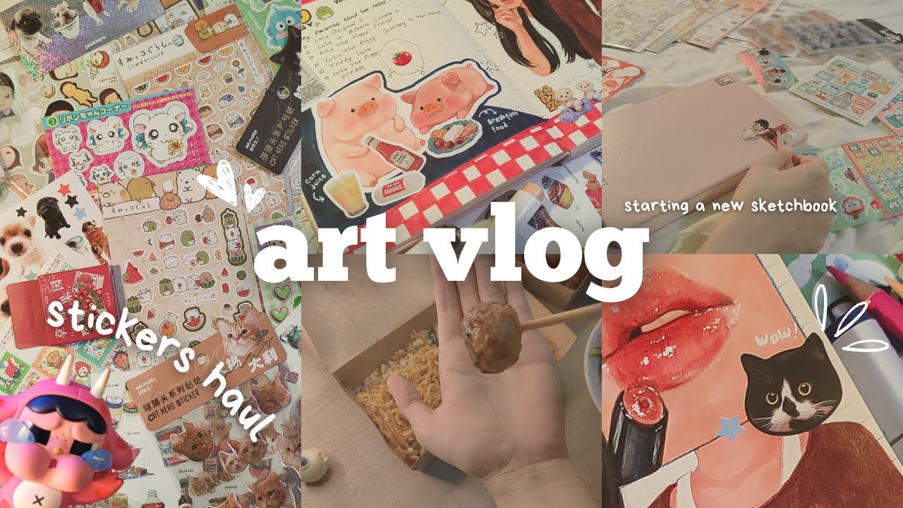 ART VLOG 💭 stickers haul, starting a new sketchbook, chill drawing till coloring process🍃☕