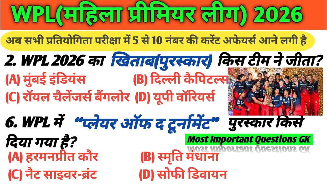 Women's Primier League(WPL)महिला प्रीमियर लीग 2026 Current Affairs | Imp Question @dreamacademy98 