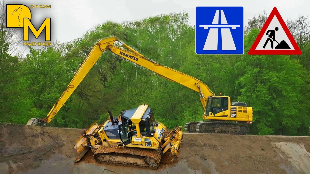 KOMATSU LONG REACH + DOZER + CATERPILLAR GRADER / MEGA AUTOBAHN BAUSTELLE DOKU #73