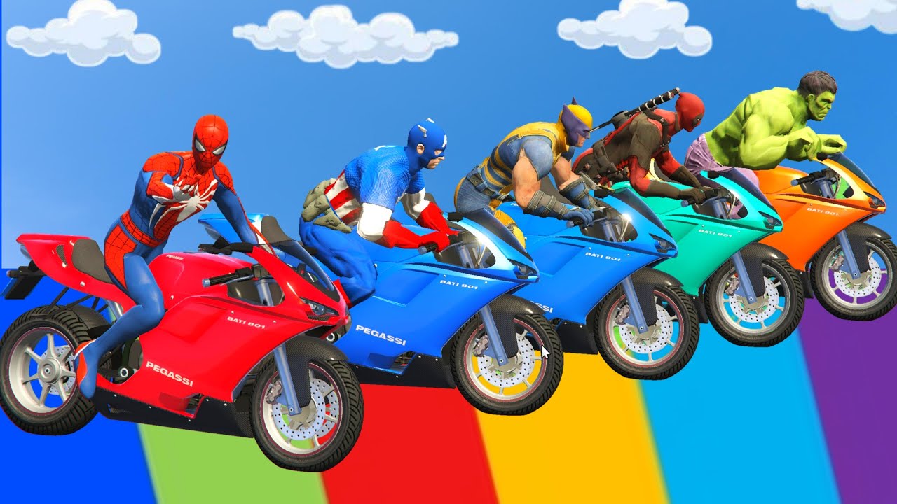 سبايدر مان اصعب دراجة نارية فوق اسماك القرش - Superheroes Ride on Motorcycle Stunt Funny Moments