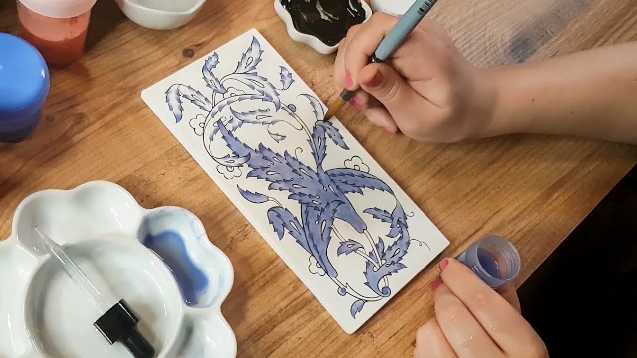 TILE ART DESIGN | LEAF Motif | Ceramic Tile Drawing & Painting | Satisfying Art