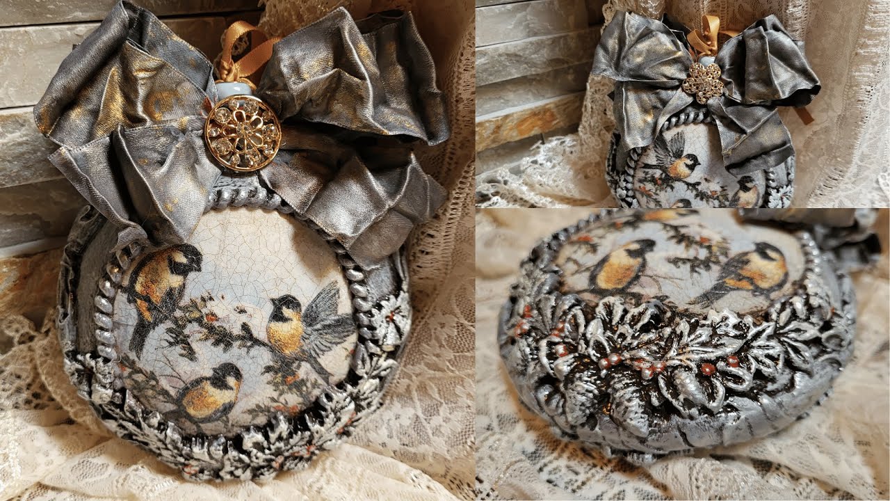 Decorating Vintage Christmas Ornament, Decoupage, 2 Step Crackle Varnish, Tutorial, DIY