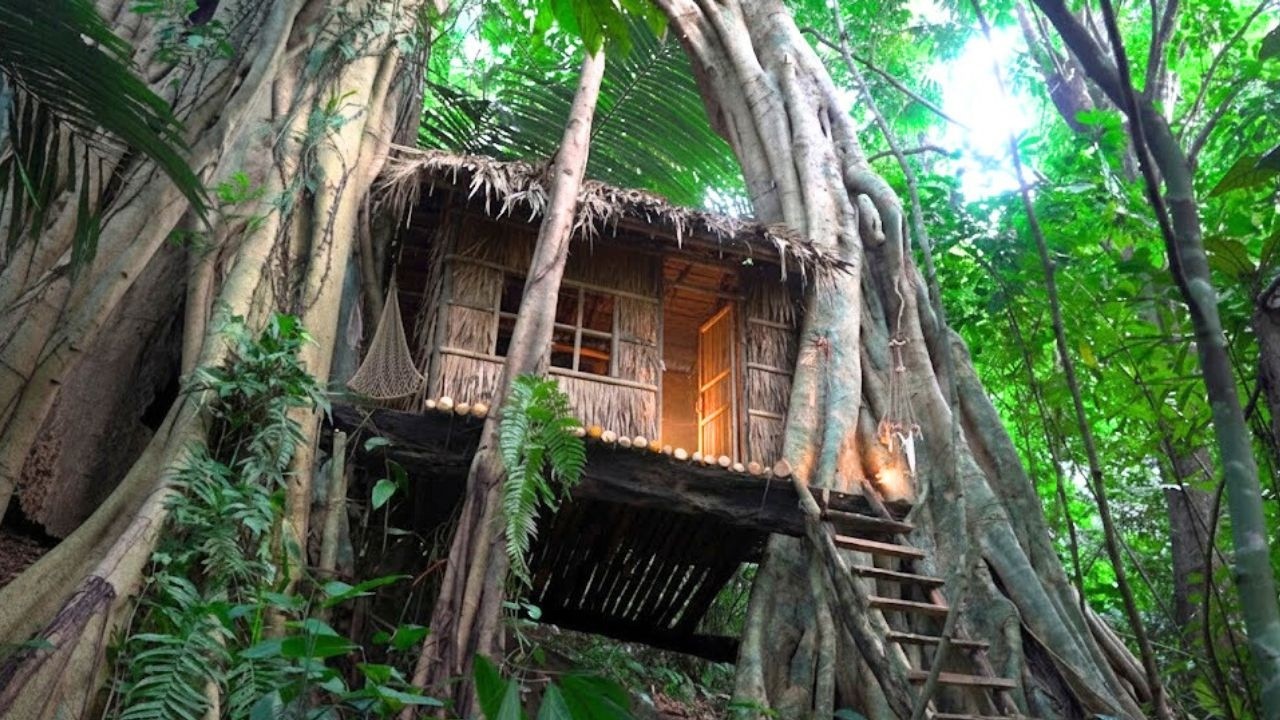 Building a Survival Shelter Beneath the Jungle Giants - Building Bamboo Tree House Shelter