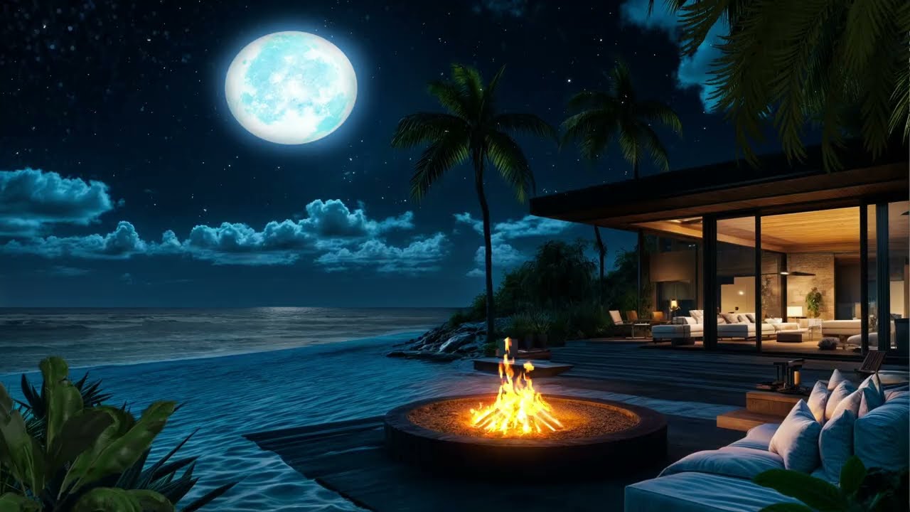 Cinematic Beach at Night 🌕✨ | Palm Trees, Ocean Waves & Calm Fire Sounds for Sleep & Stress Relief