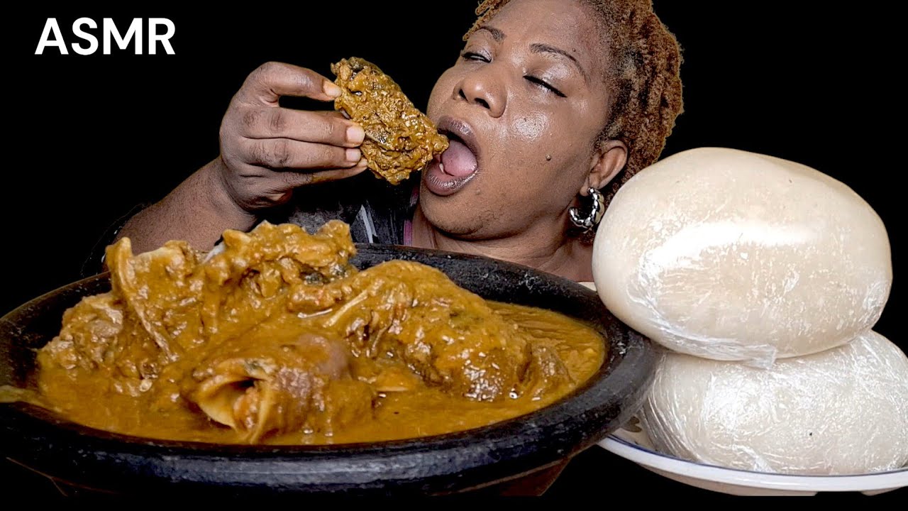 African food mukbang fufu with garden egg soup