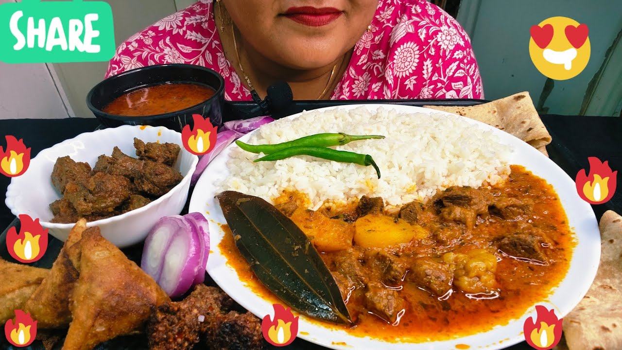 ASMR:EATING MUTTON CURRY WITH RICE, MUTTON LEAVER WITH CHAPATI,KABAB,SAMOSA&SALAD🔥
