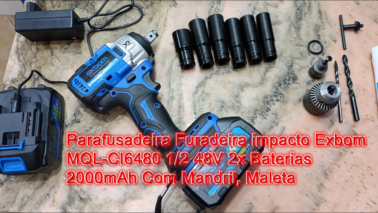 Parafusadeira Furadeira impacto Exbom MQL-CI6480 1/2 48V 2x Baterias 2000mAh Com Mandril, Maleta