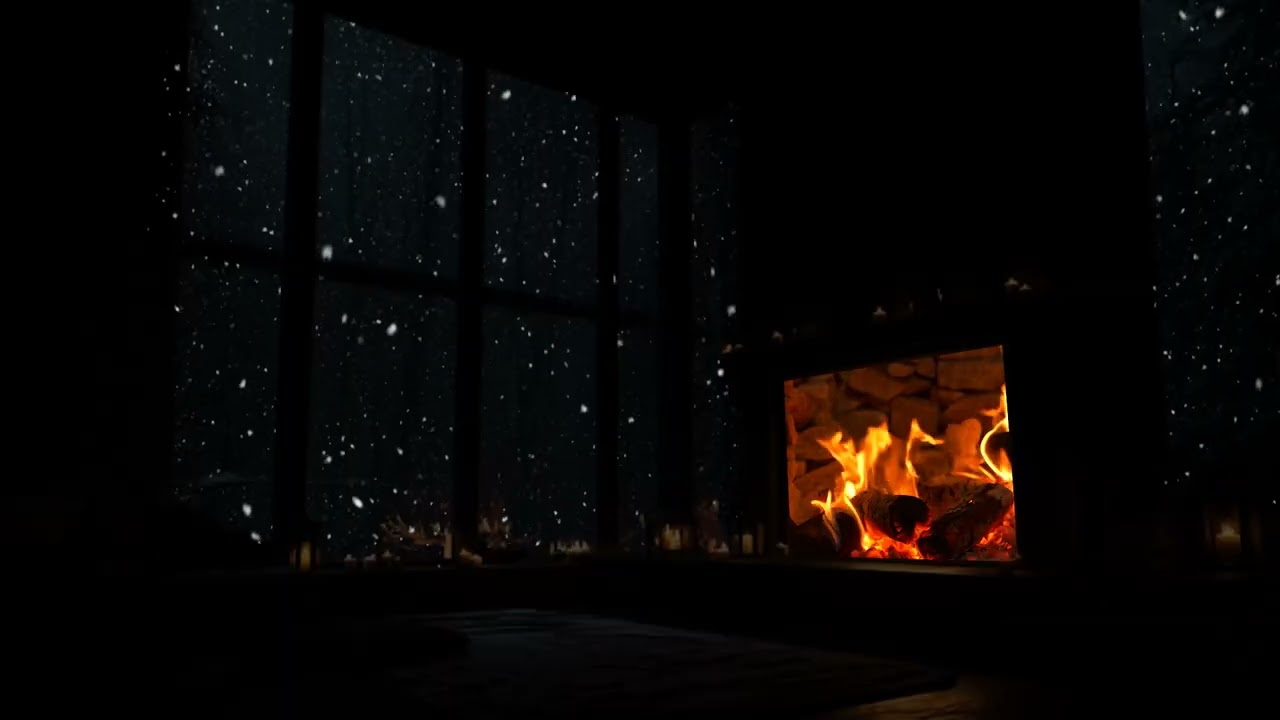 Fireplace Night Cabin Ambience  Heavy Snowfall, Warm Lights & Fireplace Sounds for Deep Sleep