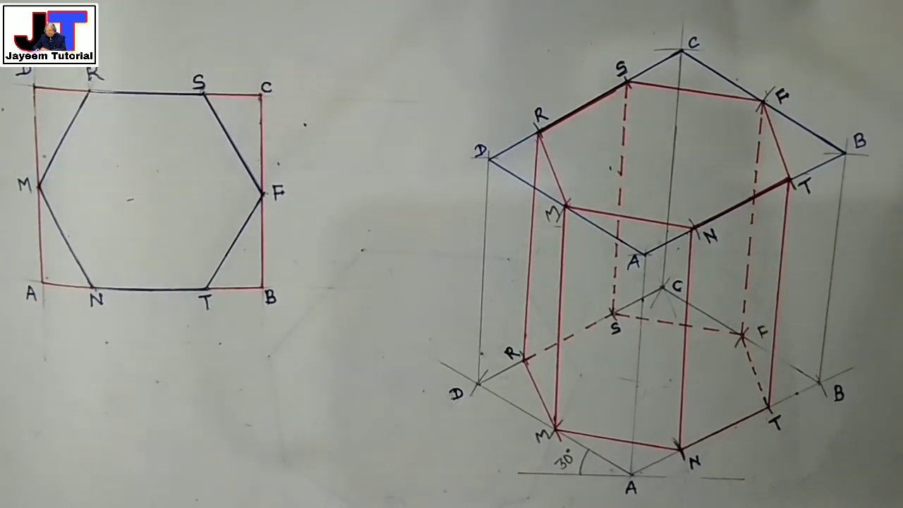 Draw the isometric projection of hexagonal prism for engineering drawing in hindi
