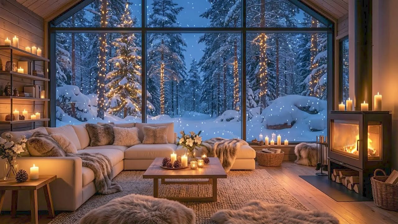🔥🎼 Calm Winter Piano Lounge - Snow Outside & Fireplace Inside | Focus Study Work Meditation Calm