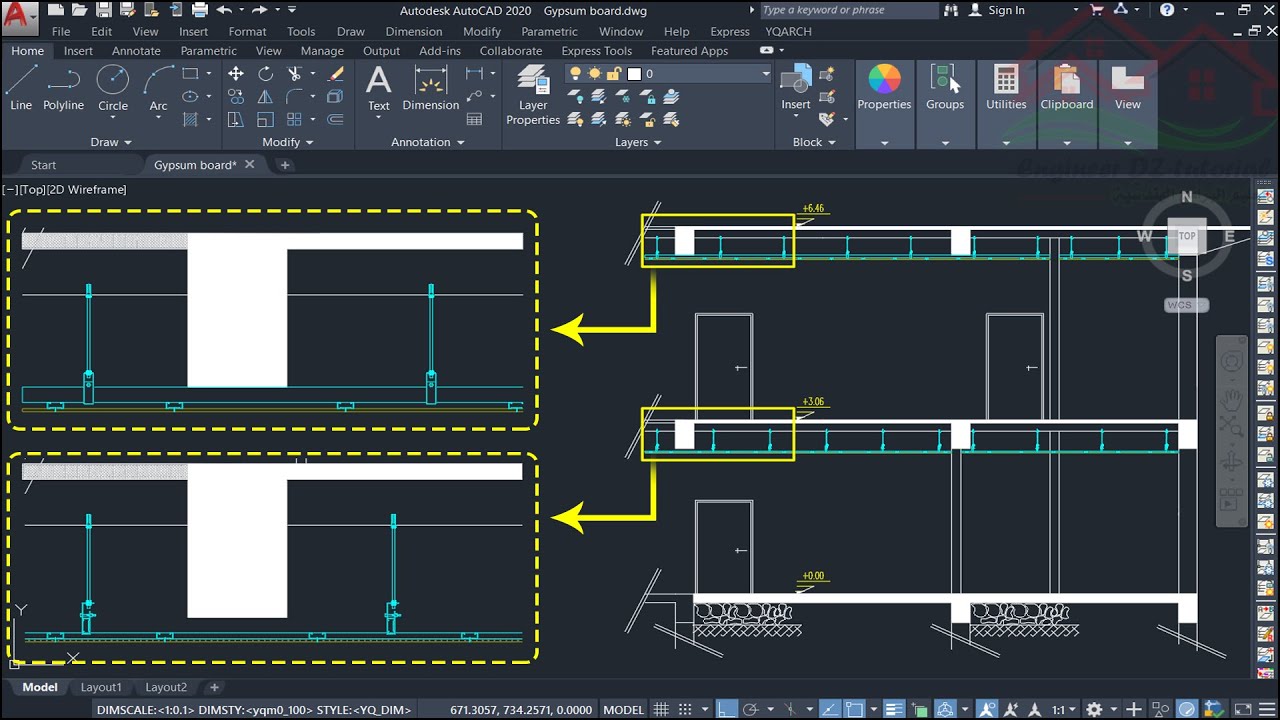 عمل الأسقف المعلقة من ألواح الجبس (Gypsum Board) بسهولة (دورة تعليم YQArch) على برنامج AutoCAD