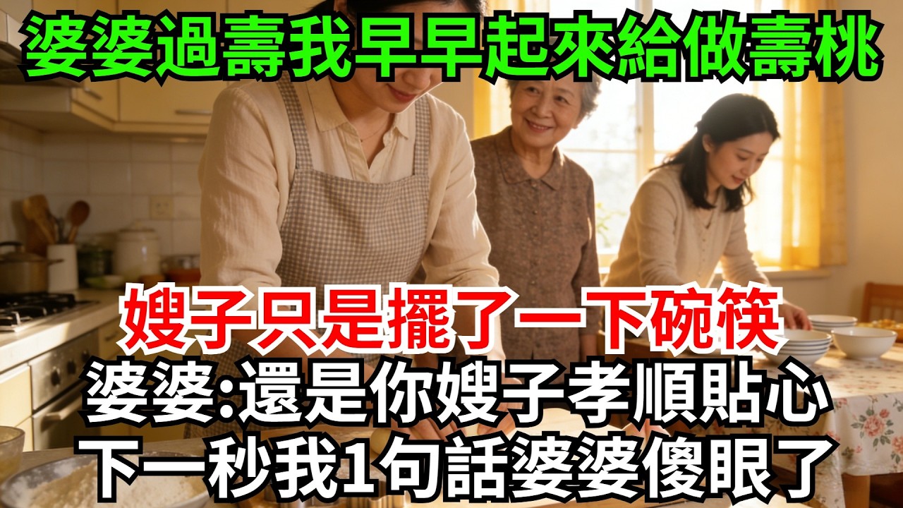 婆婆過壽我早早起來給她做壽桃，嫂子只是擺了一下碗筷，婆婆:還是你嫂子孝順貼心!下一秒我1句話婆婆傻眼了!#完結故事#情感故事#爽文#婆媳關系#家庭生活#故事頻道#故事分享#情感#正能量#流量