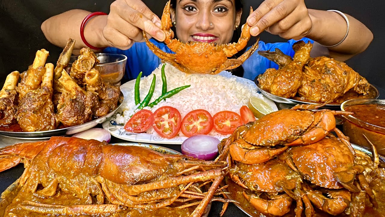 Giant King Lobster Spicy Mutton And Chicken Curry Crab Curry And Rice Eating Show