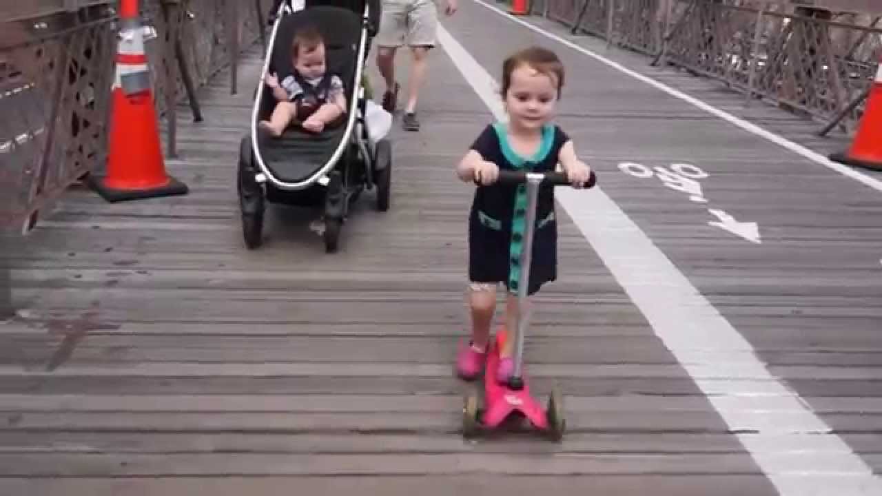 Micro Mini Kickboard Scooter: 2-Year-Old's Incredible Ride on Brooklyn Bridge