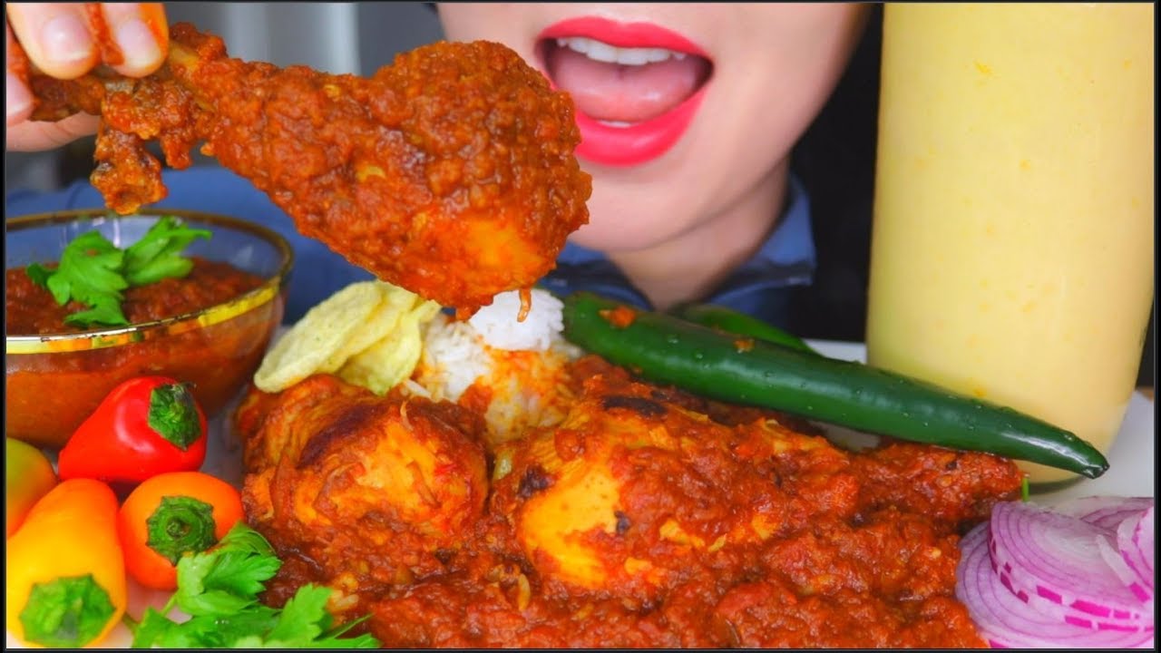 ASMR SPICY CHICKEN CURRY TARI WALA + RICE + CHILLIES + ONION + MANGO LASSI | KARI AYAM 咖喱鸡咀嚼音 먹방