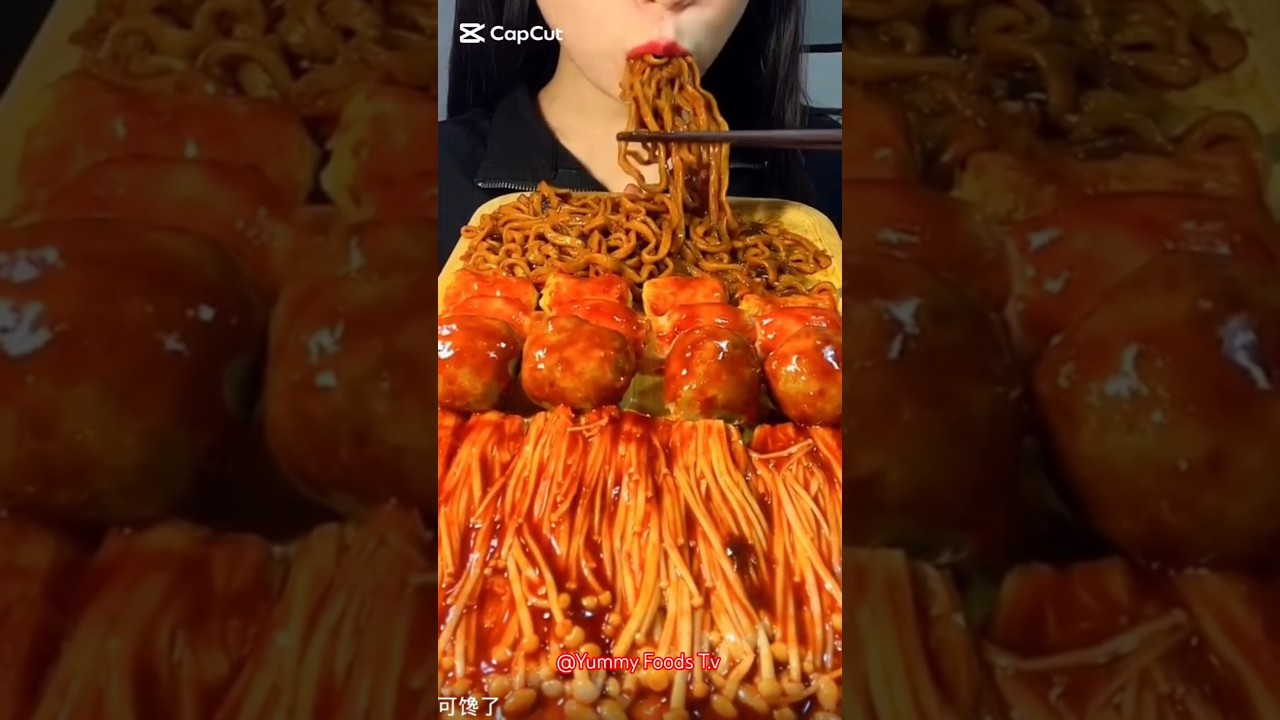 [ASMR] Spicy Delicious Fried Sauce Noodles MeatBalls Mushroom amazing tasty Platter 😋 