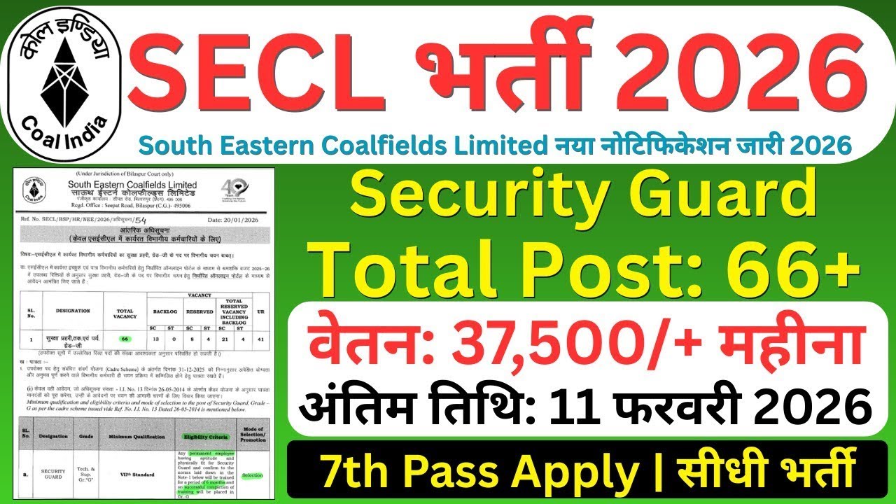 Coal India Recruitment 2026 | SECL Security Guard Vacancy 2026 | Detail Notification