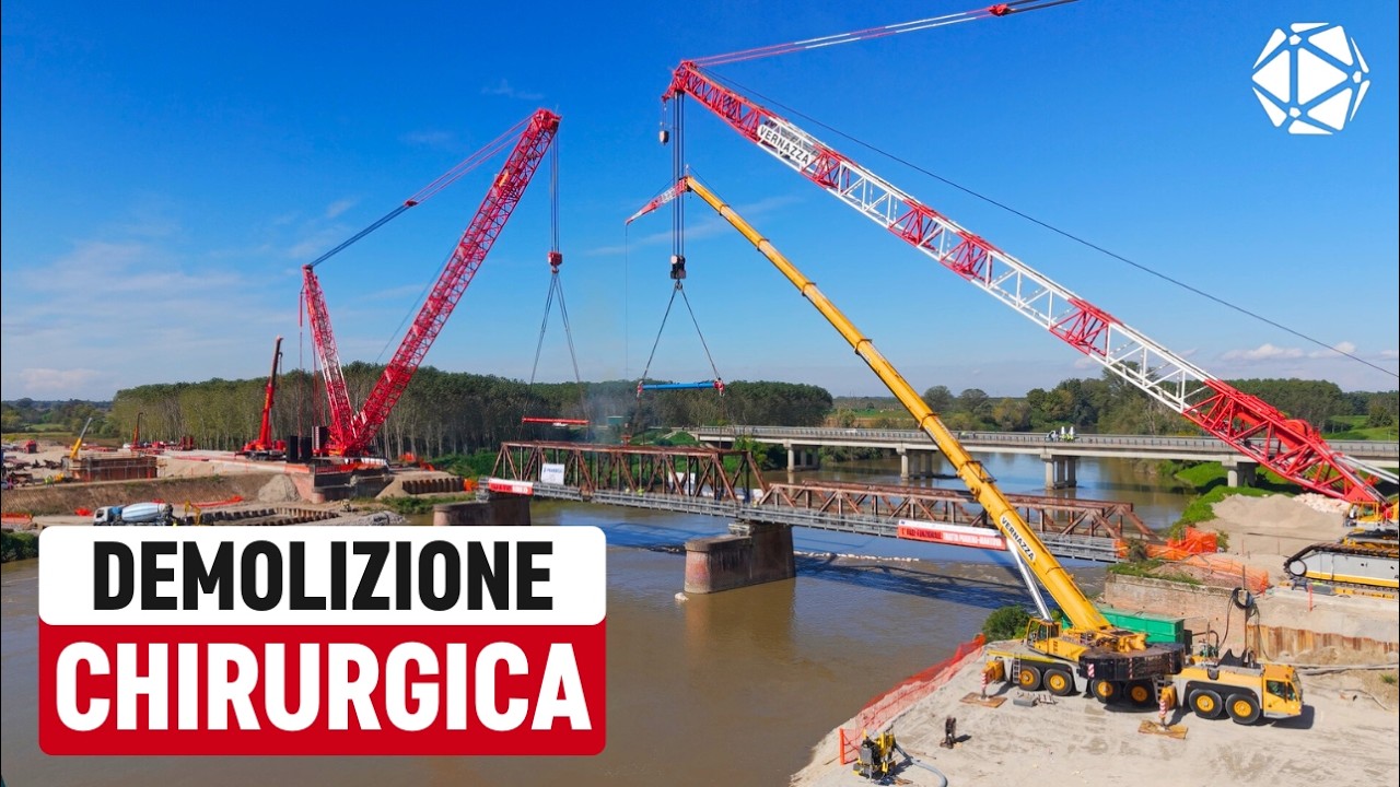 Due MEGA GRU si dividono un ponte da 200 tonnellate! Demolizione del Ponte Bozzolo sull'Oglio
