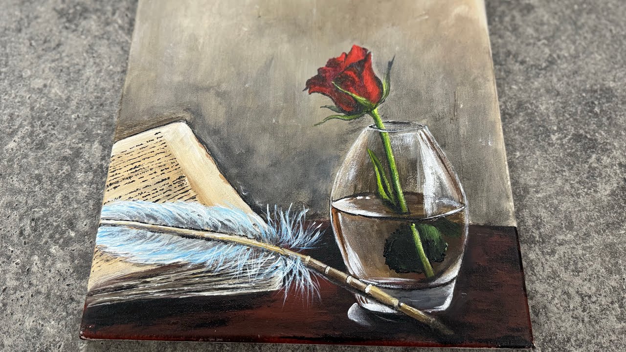 Red Rose in Glass Vase || Step by Step Acrylic Painting