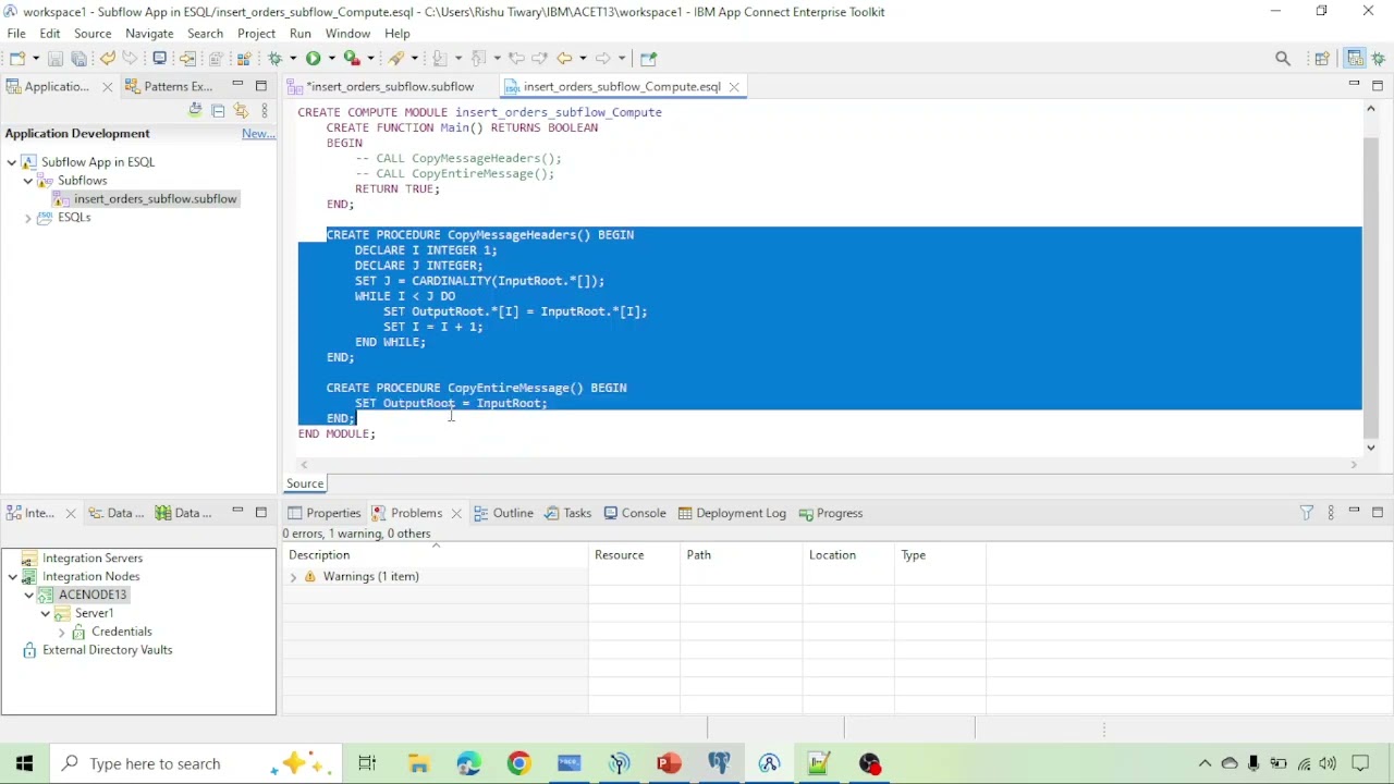Subflows & Libraries in IBM ACE | ESQL in IBM ACE || IBM ACE 13