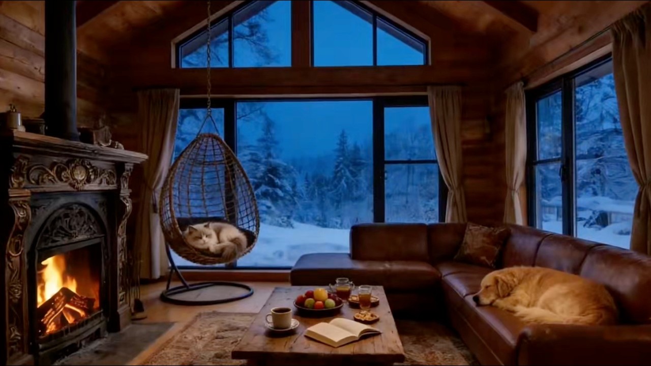 Fireplace Sounds for Sleep | White Noise | Cozy Log Cabin | Snowy Night Window | Hanging Chair Cat