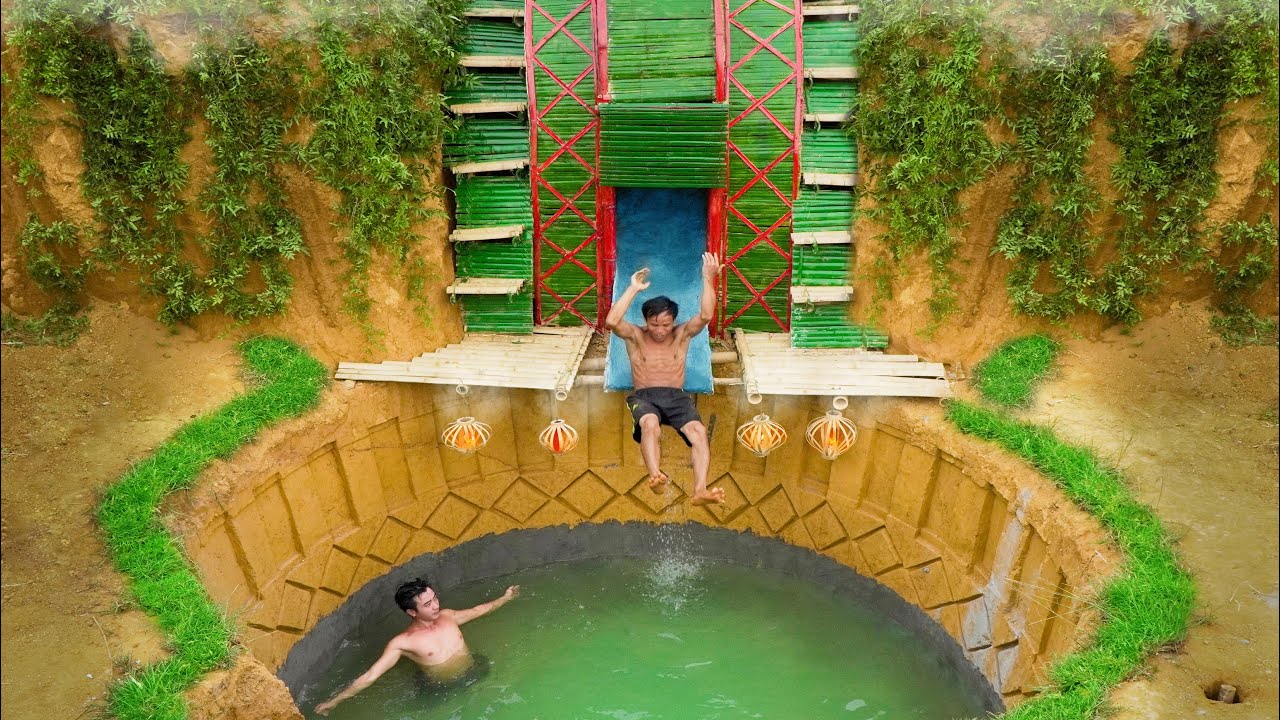 Primitive Survival With The Best Water Slide To Enter The Underground Swimming Pool