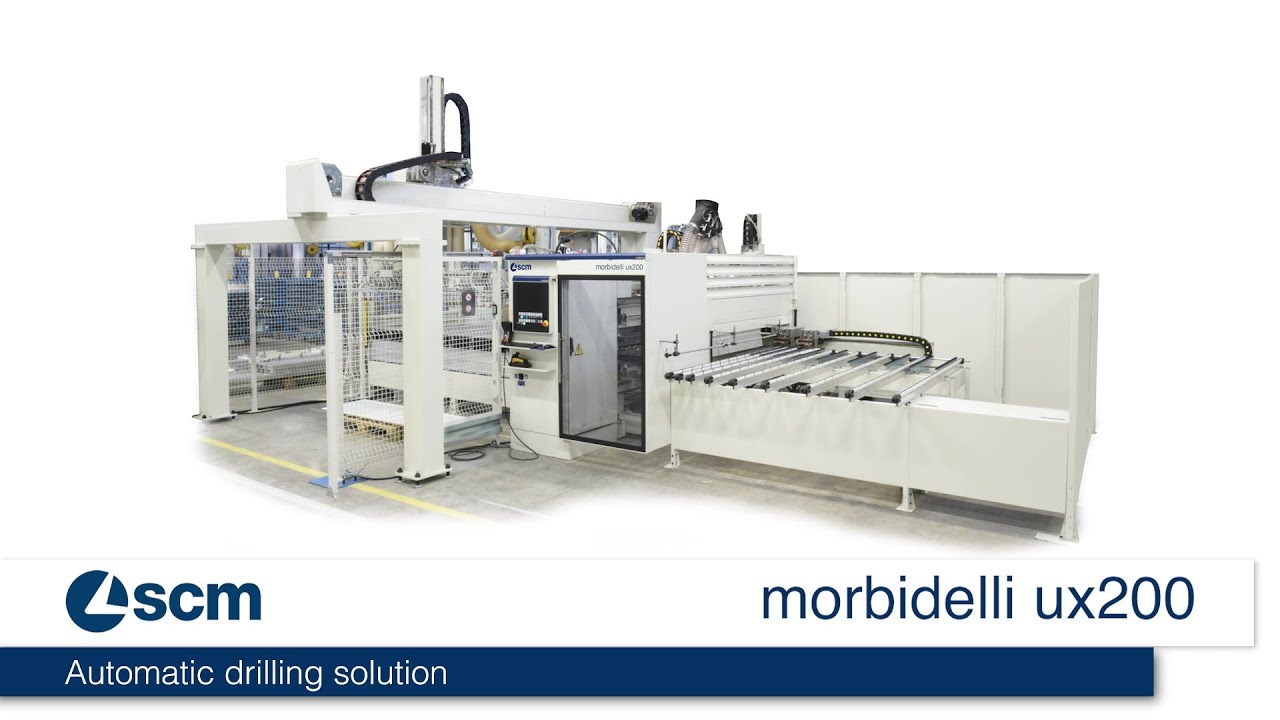 SCM morbidelli ux200 CNC drilling centre integrated with mahros climber loading-unloading storage