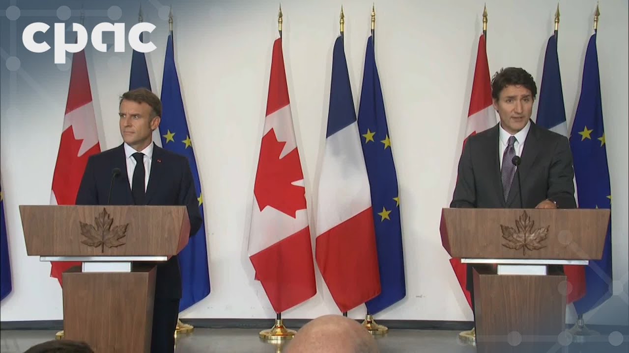 PM Justin Trudeau et le président Emmanuel Macron s'adressent aux journalistes à Montréal