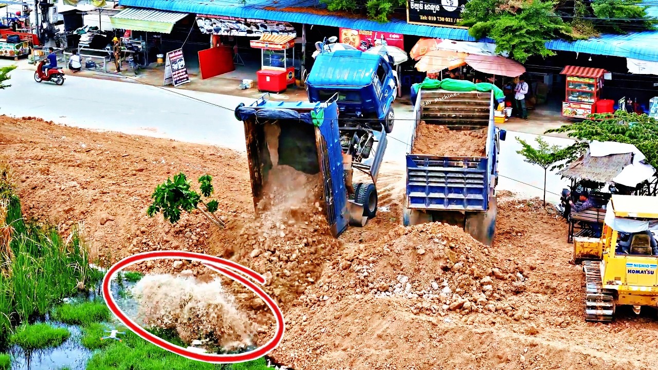 Wonderful New Project Start Operation 5ton Dump Truck Unloading Fail Help By D41PX Komatsu Dozer
