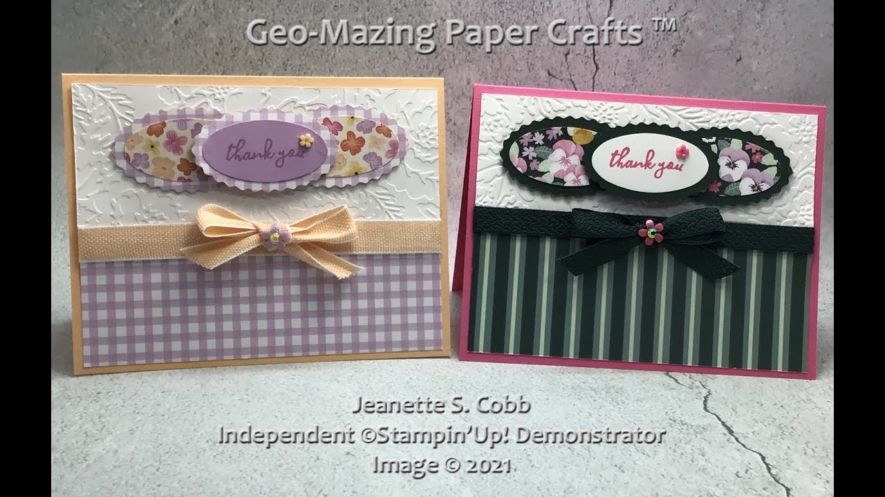 Fancy, Quick, and Easy Thank you Card with Pansy Petal DSP and the Double Oval Punch by ©Stampin'Up!