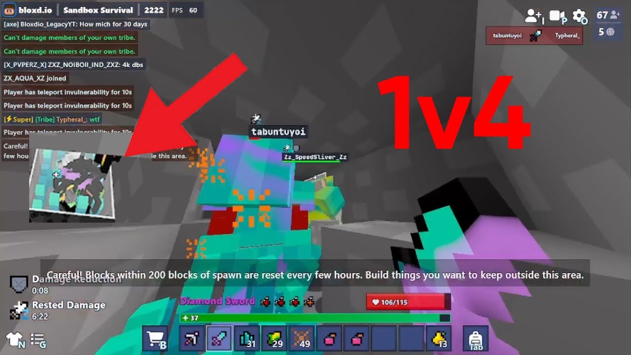 Bloxd.io Survival Hole pvp in lobby 2222 || 1v4 with a hacker tribe ( 1v4 )